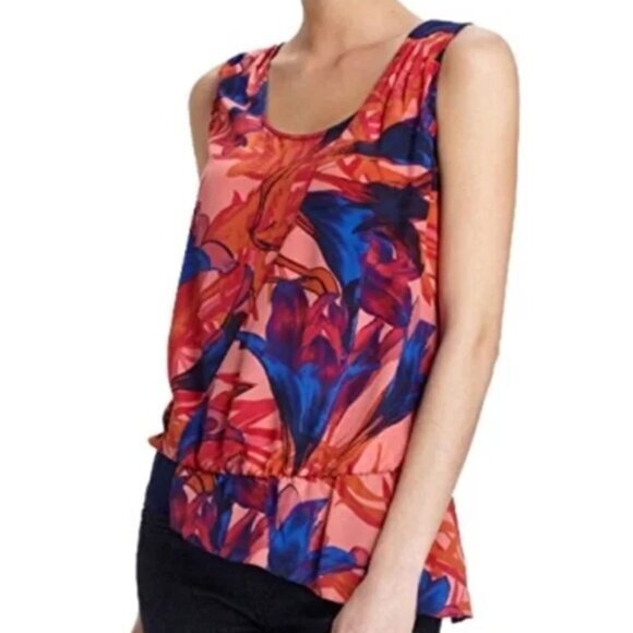 Anthropologie Leifsdottir Tank Top Womens 6 Blue Pink Malva Faux Wrap Asymmetric - Picture 1 of 10
